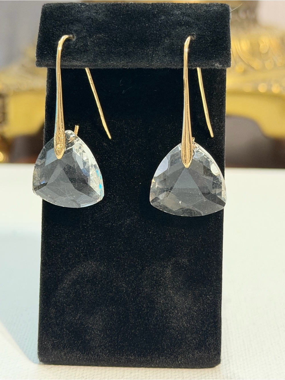 Vtg Deadstock Unsigned Gold Hook Clear Crystal Drop Earrings